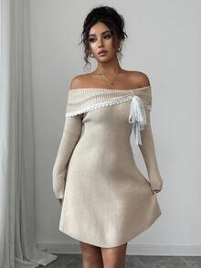 Elenzga Women's Elegant Lace-Up Off Shoulder Fitted Sweater Dress, Graceful Style, New Year Gift, Autumn/Winter - Khaki - View 7