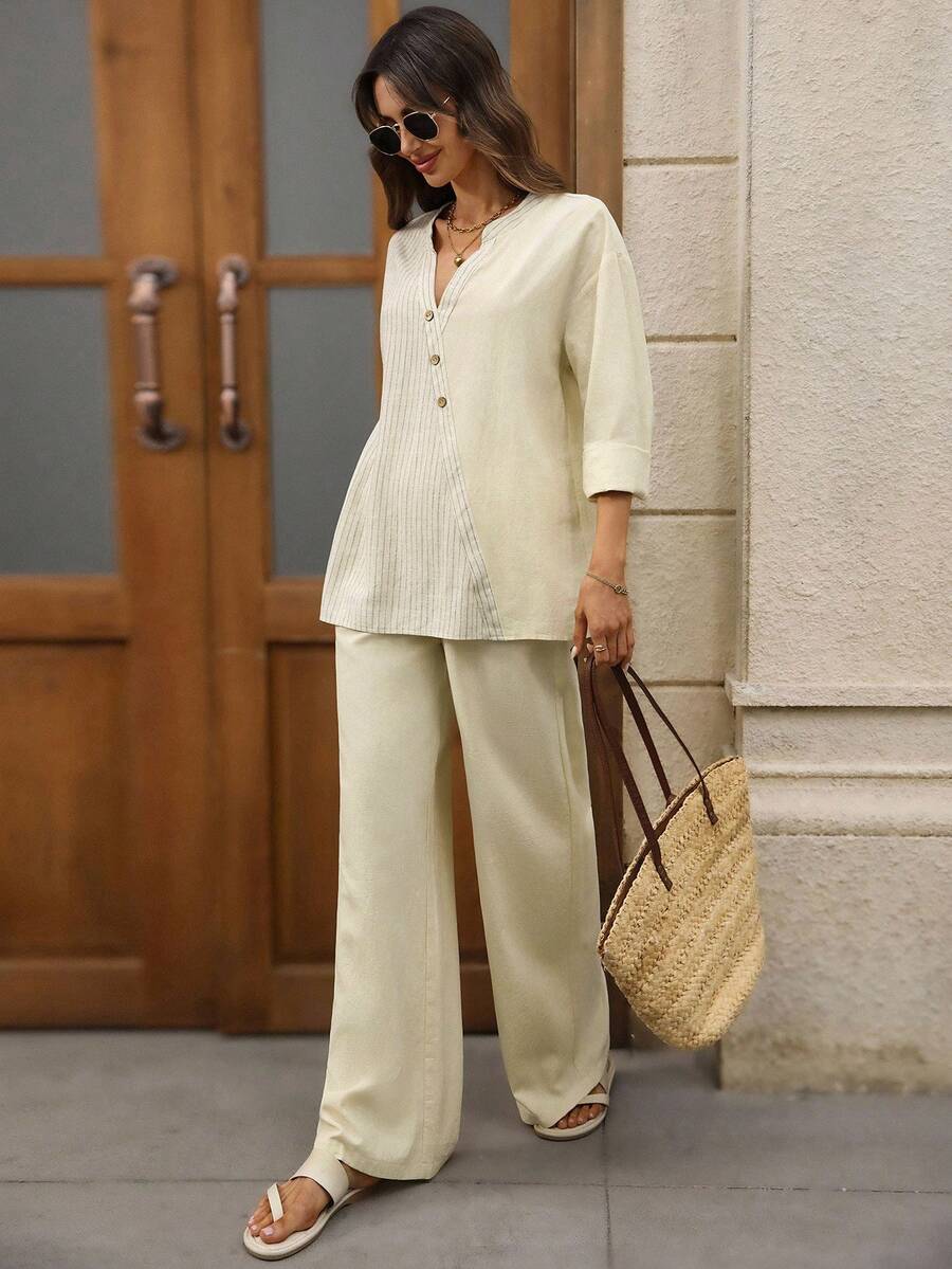 EMERY ROSE 2件套女士休闲宽松长袖上衣和裤子套装 - 卡其色 - 查看 1