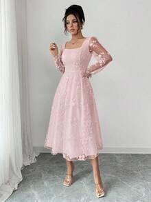 Rafferiza Elegant Lace Jacquard Dress - Pink - View 3