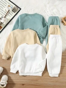 6pcs Baby Boy/Girl Cute Cartoon Letter Print Solid Color Long Sleeve Sweatshirt & Knit Jogger Pants 2pcs Set, Suitable For Autumn/Winter Outings Fall - Multicolor - View 3