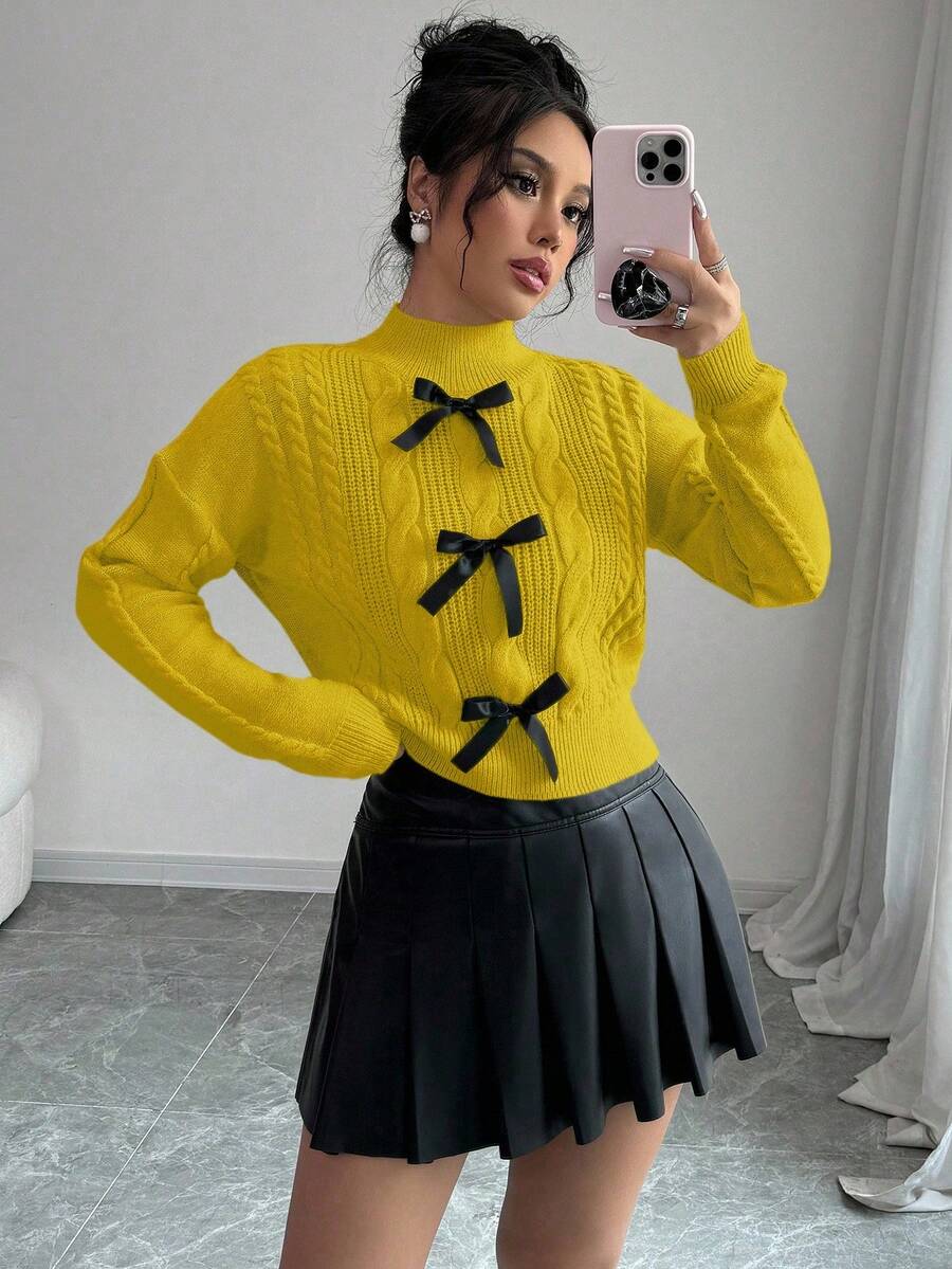Elenzga French Bow Knot Soft & Fluffy Cable Knit Sweet Women Long Sleeve Pullover Sweater, Winter - Yellow - View 1