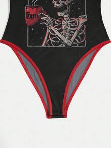 Y2Kool Eduely 艺术家风格暗黑骷髅字母图案撞色包边网纱吊带连体衣，适合夏季、假日、度假、海滩、音乐节、伊比沙岛等场合，秋季休闲外出搭配，时尚服装系列，新年装扮，辣妹风黑红上衣，春季服装，女士生日装，女士狂欢节服装。 - 黑色 - 查看 5