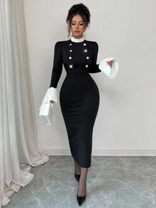 Elenzga Women's Elegant Ruffle Trim Contrast Color Button Knit Bodycon Long Dress, Office Wear Work Dress, Little Black Dress, Autumn Fall Cloth For Women, Christmas