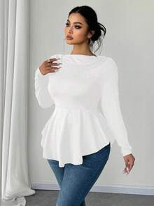 Elenzga 大码女式露肩长袖收腰A字T恤，白色休闲上衣 - 白色 - 查看 2