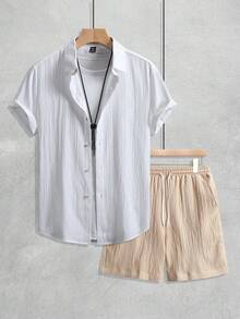 Manfinity RSRT 男士休闲纯色短袖衬衫和短裤套装，夏季 - 彩色 - 查看 3