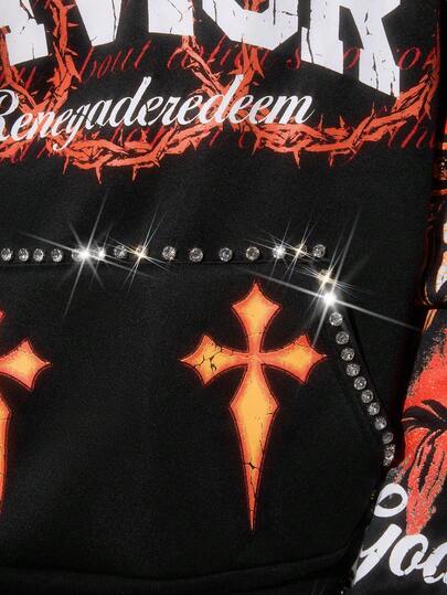 Goth Men's Sparkling Diamond Cross Print Hoodie, Loose Cropped Style, Fall Winter