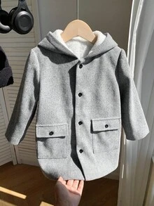 SHEIN 年轻男孩灰色保暖内衬休闲舒适百搭纯色加厚连帽夹克，适合冬季，学院风，英伦绅士复古 - 灰色 - 查看 3