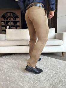 Manfinity Mode Men's Solid Color Casual Suit Trousers, Khaki Dress Pants Men, Old Money Style - Coffee Brown - View 2