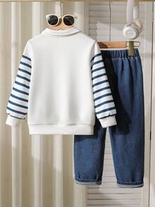 Genkimix Kids 2 件套幼儿男童休闲套装，刺绣条纹 Polo 领运动衫 + 破洞牛仔裤，春秋季时尚装扮 - 藍白色 - 查看 2