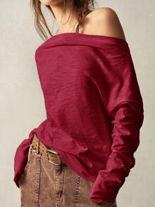 Bohemela Lässiges Große Größen-Langarm-T-Shirt mit asymmetrischem Kragen in Große Größen - Bordeaux - Übersicht 5