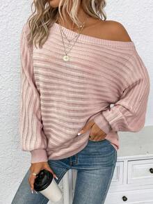 SHEIN LUNE Suéter holgado de manga de murciélago y hombros descubiertos de unicolor para mujer de talla grande, otoño - Rosa Pálido - Ver 1