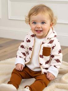 Cozy Pixies 2pcs Baby Boy Cartoon Dinosaur Pattern Contrast Color Hooded Sweatshirt And Elastic Waist Pants Set Fall Winter - Multicolor - View 1