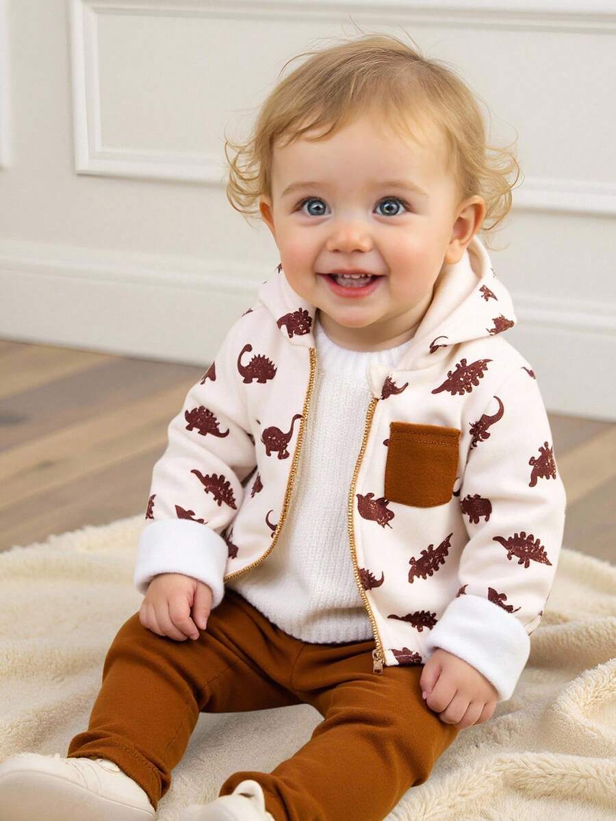 Cozy Pixies 2pcs Baby Boy Cartoon Dinosaur Pattern Contrast Color Hooded Sweatshirt And Elastic Waist Pants Set Fall Winter - Multicolor - View 1