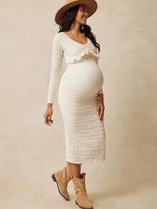 Boho Mama Váy dệt kim ôm dáng cổ chữ V màu trơn cho bà bầu - Màu be - Xem 6