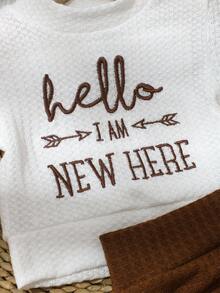 SHEIN HELLO Letter Embroidered Newborn Photography Outfit, Baby Boy/Girl Top, Pants, Hat 3pcs Set, Infant 1 Month To 100 Days Studio Photo Prop Clothing Fall Winter