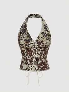 SHEIN MOD Ensemble top court et mini-jupe en jean avec œillets métalliques et lacets pour femmes - Tabac - Voir 7