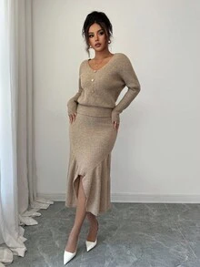 Elenzga 女士纯色优雅蝙蝠袖毛衣和不对称下摆针织中长裙 2 件套 - 卡其色 - 查看 7