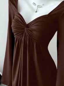 Elamini Women's Casual Twist Front V-Neck Long Sleeve T-Shirt, Versatile New Style, Spring/Autumn