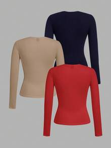 SHEIN EZwear 3 件套女士海军蓝、卡其色、红色圆领休闲修身长袖 T 恤套装，适合夏季 - 彩色 - 查看 2