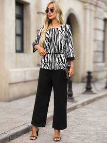 EMERY ROSE Conjunto casual de 2 piezas de camisa de cuello redondo de manga 3/4 y pantalones con estampado de cebra para mujer, ropa de otoño para mujer, conjunto elegante con estampado animal, conjunto chic de mujer, conjunto de 2 piezas para mujer en otoño - Negro - Ver 3
