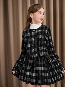 3 件套青少年女孩套装：简约优雅格子开衫、裙子和纯色长袖上衣 - 黑色 - 查看 7