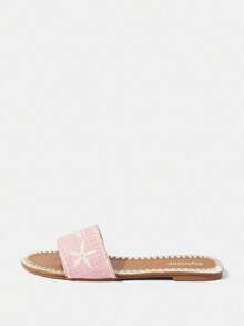 Styleloop Sandalias planas cómodas de punta redonda con bordado floral en lino beige - Rosa - Ver 2