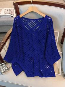 GlowEve CURVE Plus Size Women Hollow Out 3/4 Sleeve Knitted Sweater Winter Fall Autumn - Royal Blue - View 1
