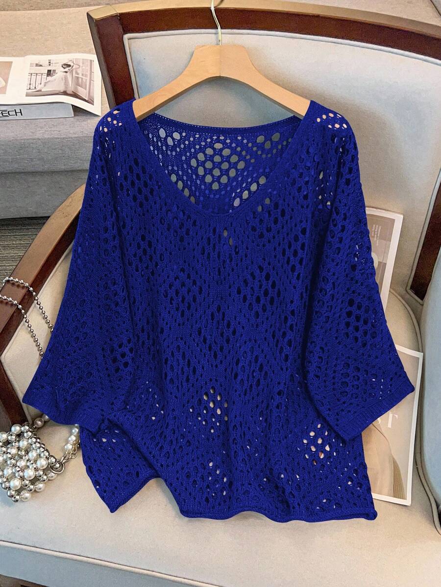 GlowEve CURVE Plus Size Women Hollow Out 3/4 Sleeve Knitted Sweater Winter Fall Autumn - Royal Blue - View 1