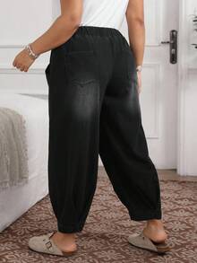 EMERY ROSE Plus Size Casual Fashion Everyday Washed Elastic Waist Jeans Casual Street Patchwork Pocket Loose Wide Leg Jeans Women Jeans Baggy Loose Jeans Barrel Leg/Barrel-Leg Jeans - Black - View 3