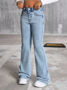 SHEIN Streecool Kids Girls' Retro High Waist Washed Blue Flared Jeans, Children Elastic Slim Fit Frayed Hem Design Denim Flared Pants, Suitable For Casual Outings And Outdoor Wear Fall Winter