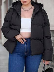 RueChic Plus Size Zip Up Hooded Puffer Coat, For Winter - Black - View 5