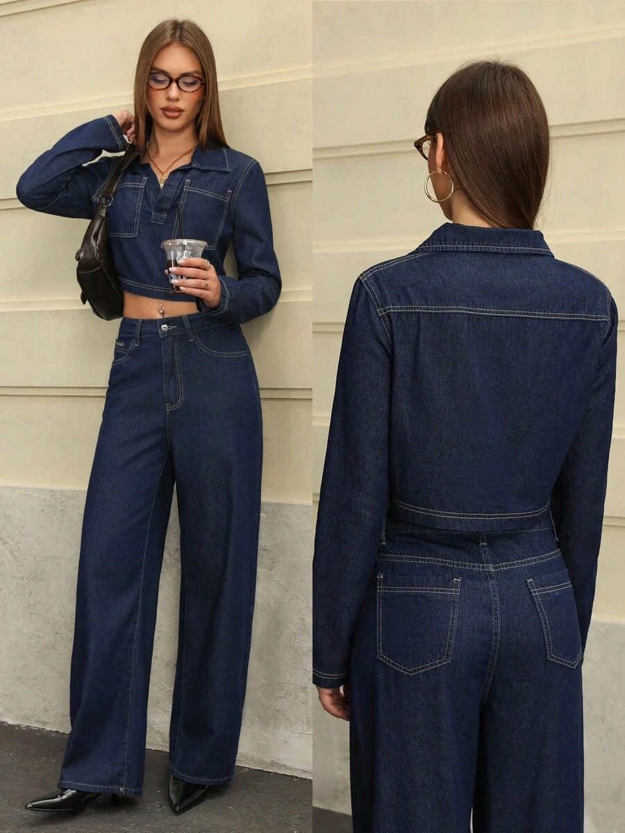 Jeanoix 女式长袖休闲口袋水洗牛仔短款上衣 - 深色水洗藍 - 查看 1