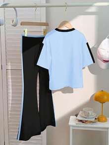 SHEIN Leap Crew 2pcs Tween Girls Casual Minimalist Short Sleeve Top And Long Pants Set, Suitable For Summer - Multicolor - View 2