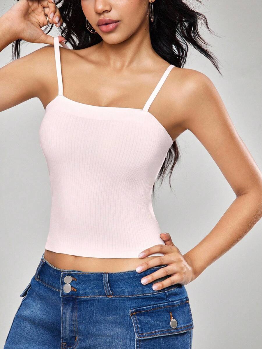 SuitURBody 女式纯色罗纹休闲吊带背心 - 淺粉色 - 查看 1