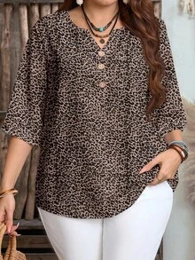 EMERY ROSE Plus Size Women's Leopard Floral Print Beige Button Down Short Sleeve Casual Shirt,Summer Boho Vacation Country Resort Bohemian Chic Blouses - Multicolor - View 3