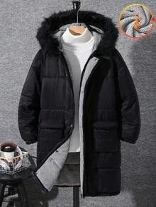 SHEIN 1pc Tween Boy Black Winter Casual School Back-To-School Mid-Length Padded Coat,Fur Strip Decoration Contrast Color Thick Lining Retro Sports Jacket - Black - View 2