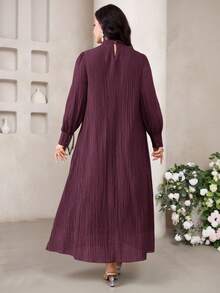 Veilorie Đầm suông dài tay xếp ly màu trơn cổ đứng cỡ lớn cho nữ - Màu đỏ tím - Xem 2