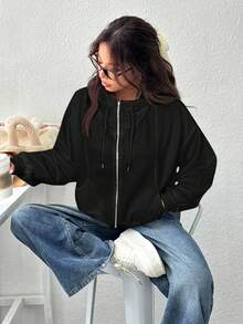 SHEIN EZwear 秋冬大码前拉链长袖连帽带口袋运动衫 - 黑色 - 查看 4