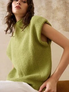INAWLY Women's Solid Color Turtleneck Ribbed Knit Elegant Sleeveless Sweater - Olive Green - View 7