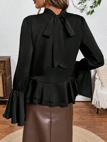 SHEIN LUNE 女式荷叶边饰带袖口喇叭袖衬衫 - 黑色 - 查看 2