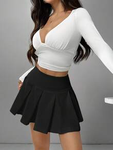 SHEIN EZwear 大码纯色休闲百褶迷你裙 - 黑色 - 查看 4
