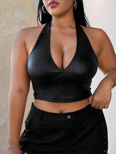 SHEIN EZwear Plus Size Pu Leather Sleeveless Crop Top With Lace-up Back