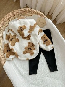 SHEIN 2pcs Baby Girl Cute Cartoon Teddy Bear Fluffy Sweatshirt And Pants Set, Autumn/Winter Fall - Multicolor - View 2