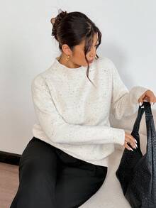 Firerie Áo len chui đầu cổ tròn tay dài thường ngày cho nữ/Áo len cổ lọ nửa tay nhỏ cổ đứng dài tay mùa thu đông phối màu cỡ lớn Áo len chui đầu dáng rộng/Áo len mặc hàng ngày phong cách đại học/Áo len mặc nhà thường ngày/Áo len công sở đơn giản - Màu be - Xem 2