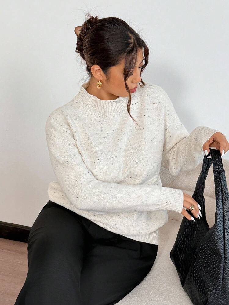 Firerie 女士休闲圆领长袖套头毛衣/半高领小立领长袖秋冬混色大码宽松套头毛衣/学院风日常穿搭毛衣/休闲家居毛衣/简约办公室毛衣打底衫 - 杏色 - 查看 2