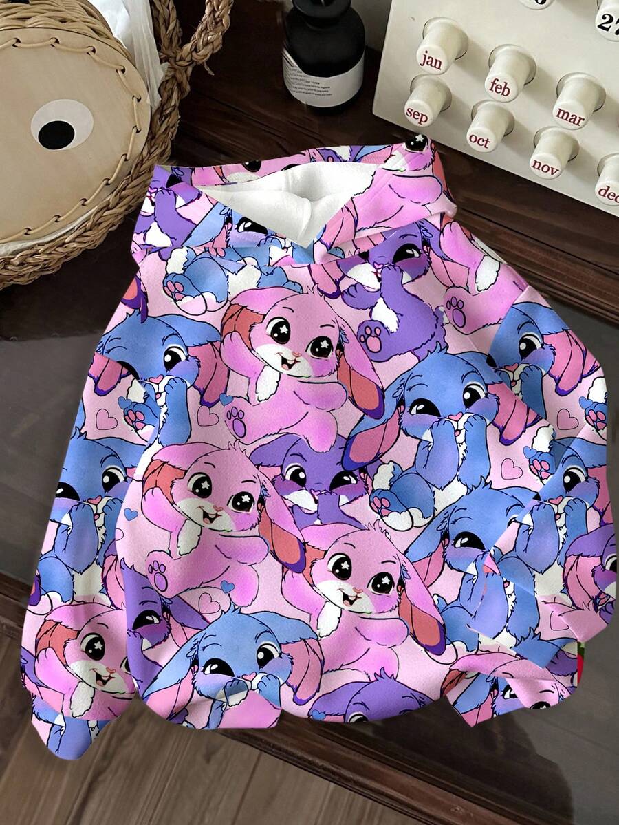 SHEIN Leap Crew Cute Cartoon Blue Rabbit Stitch Pattern Casual Campus Sports Style Tween Girl Loose Fit Comfortable Long Sleeve Sweatshirt, Suitable For Autumn/Winter Music Festivals, Outdoor Picnics, Outings, Street Photography, Home Wear Fall - Multicolor - View 1