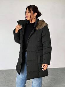 Firerie Plus Size Casual Hooded Fluffy Brown Contrast Color Beanie Hat, Black Cinched Waist Metal Buckle Belt Long Sleeve Thick Padded Coat For Hiking & Skiing, Autumn/Winter Plus Size Winter Coat Plus Size Jackets Plus Size Winter Clothes Women Plus Size Coats Winter Outerwear Women Coats For Women Plus - Black - View 5