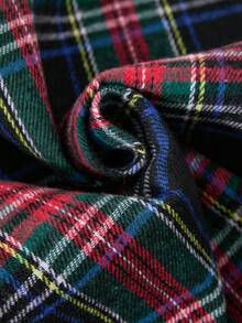 SHEIN Sparklyn Tween Girls Plaid Collared Puff Sleeve Cardigan Top With Elastic Waist Pleated Skirt, Academic Style For Spring & Autumn Fall Winter