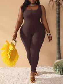 Slaydiva Slayr Basic Casual Elastic Knit Plus Size Jumpsuit - Brown - View 1