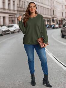 EMERY ROSE Plus Size Casual Solid Color Preppy Style Solid Color Raglan Sleeve Sweatshirt, Autumn And Winter Graduation Ceremony, Back To School Clothing Fall - Army Green - View 4
